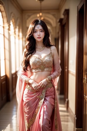 A woman wearing a traditional Indian sari and traditional jewelry looks at the camera and stands in the corridor. The soft sunlight illuminates the image, which highlights the beauty of the combination of traditional clothing and flowers.