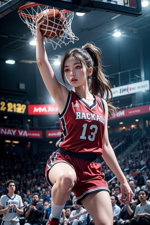 Masterpiece, high quality, HDR, detailed texture, RAW photo, 16K,  close-up of a girl, fine facial features, perfect fingers, brown ponytail, basketball team uniform, shorts, sharp focus of the girl, bright lights, blurred background, right hand slam dunk, left hand empty hand,   dynamic pose