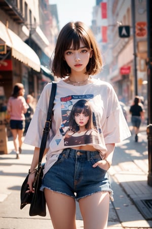 1girl , solo, with short brown hair, bangs, wearing a cartoon graphic T-shirt and denim shorts, cowboy_shot, girl sharp focus, bokeh,  perfect composition., 