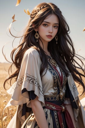 Masterpiece, top quality, 1 girl, solo, gentle, elegant, braid, headband, long skirt, shawl cape, pattern, outdoor, bangs, long hair, wind, prairie background, comic style, perfect anatomy, centered, near perfect, dynamic, highly detailed, artstation, concept art, smooth, sharp focus.,Realistic,1gir1,FOLK