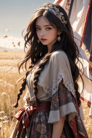 Masterpiece, top quality, 1 girl, solo, gentle, elegant, braid, headband, long skirt, shawl cape, pattern, outdoor, bangs, long hair, wind, prairie background, comic style, perfect anatomy, centered, near perfect, dynamic, highly detailed, artstation, concept art, smooth, sharp focus.,Realistic,1gir1,FOLK