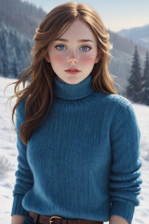 Description of a beautiful lady, Full Body : 1.3, She has charming blue eyes and long messy hair. She wore a warm sweater and stylish turtleneck that showed off fine details on her upper body, including slightly parted lips and some freckles. The entire scene captures a cozy winter atmosphere, displaying natural elegance.