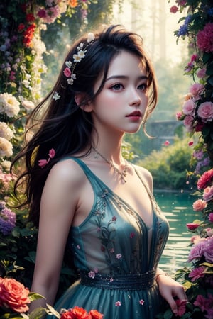 Masterpiece, best quality, super detailed, high resolution, 1girl, exquisite facial features, solo, outdoor, tulle dress, upper body, fantasy world, lush plants, colorful flowers, beautiful lake, light particles, petals scattered, splash ,float.