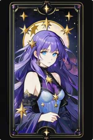 Masterpiece, high quality, detailed, beautiful, oil painting tarot illustration "Stars" with girl (purple hair, blue eyes, sexy figure). Perfect lighting, high resolution, detailed face and eyes, black background, oil painting style.,card