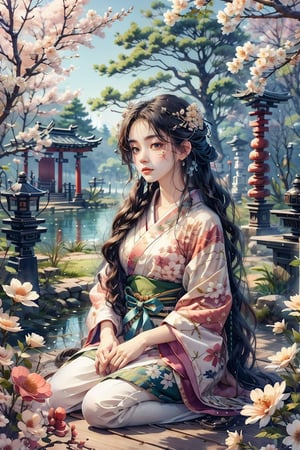 1 girl, with delicate features, wearing a traditional kimono with soft pink and white floral patterns and flowers in her hair. Sitting under a tree, whose branches form a natural canopy of a lake, a Japanese shrine, her serene expression casts dappled sunlight, embodying tranquil beauty and divine grace.,CrclWc