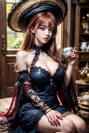 Gorgeous red-haired Lolita woman wearing a beautiful hat and holding a tea cup. Presenting a mosaic style, Victoria Francis meets Tim Burton style. 64k resolution, sharp details, high definition without distortion, super detailed and clear.