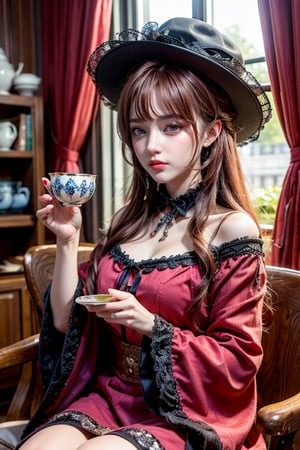 Gorgeous red-haired Lolita woman wearing a beautiful hat and holding a tea cup. Presenting a mosaic style, Victoria Francis meets Tim Burton style. 64k resolution, sharp details, high definition without distortion, super detailed and clear.