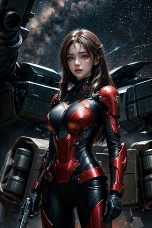 Masterpiece, best quality, super resolution, 1girl, future soldier, solo, long brown hair, delicate facial features, looking at the audience, mecha, weapons, starry sky background, concept art, perfect composition.