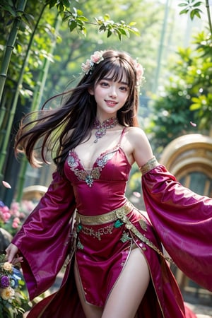 An Asian girl with flowing black hair and delicate facial features. Wearing a long flowing red dress, the hem of the skirt flies when she spins, and she lowers her head and smiles. Flowers bloom, blending into the Ghibli dream-like landscape in the distance, with bamboo and flowers intertwined. Emerald and amethyst colors dance in the foreground, casting light and light. Double exposures create depth, and splashes of color add abstraction.