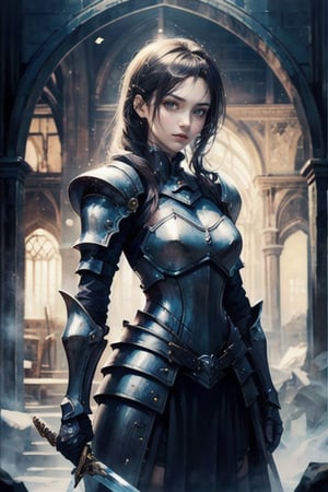 Masterpiece, best quality, 1 girl, solo, upper body, female knight, majestic, armored dress, standing, looking at the viewer, holding a sword