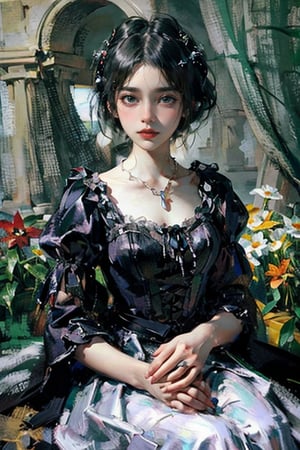 Thickoil painting, a girl with delicate features, perfect face, short hair, pearl necklace, gothic lolita dress, portrait from the waist up, garden, extreme details, soft colors, soft light, rule of thirds, perfect composition.,ttlolita