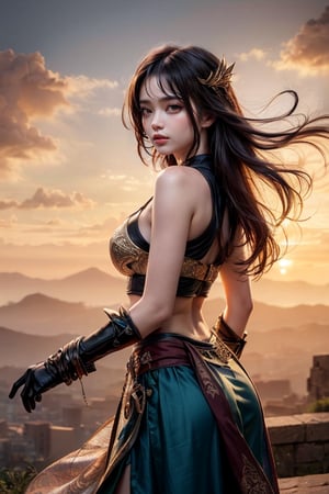 Beauty, exquisite facial features, wavy hair, sunrise sky, silk skirt, magical oriental landscape, cyberpunk, rule of thirds, perfect composition.,Fantasy detailers,Dynamic poses 