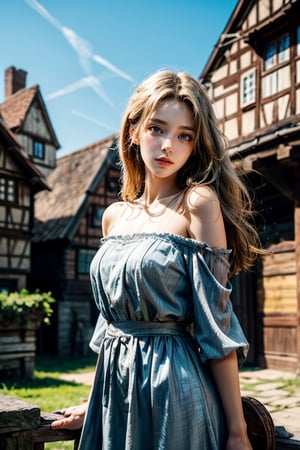 Masterpiece, 32k, high resolution, ultra-realistic, 1 girl with delicate features, wearing an off-shoulder lace dress with long blond hair, sunny day, outdoors, looking into the camera, cowboy shot, medieval fairy tale town, studio photo.Half-timbered Construction