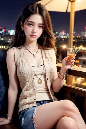 Masterpiece, boutique, 32k, hyper-realistic, 1 girl, exquisite facial features, long dark brown hair wearing a beige knitted sleeveless vest, necklace, small earrings, denim shorts, crossed legs, sitting on the outdoor terrace, distant city night view, wide angle, Sharp and ultra-realistic.