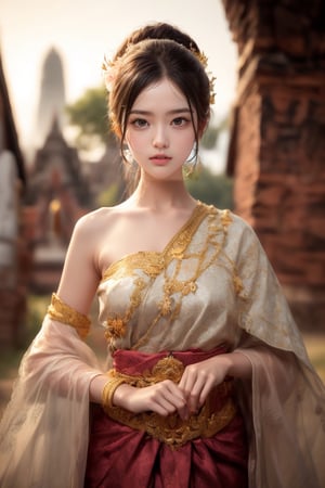 Close-up, 1girl, solo, long brown hair and eyes, perfect face shape and eyes, looking into the camera with a shy expression, masterpiece, 16k portrait, ultra-realistic details. Cinematic lighting. High-resolution, photo-realistic 8k RAW photo of a man wearing pure traditional Thai clothing, outside a Thai temple.,Thai Dress