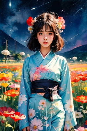 1 girl in a floral Japanese kimono, facing the viewer. Wearing Japanese traditional hair accessories, standing, night, shooting stars, flowers. Using brushstrokes, negative space, impressionism and abstract elements, combined with watercolor pencil painting techniques, it presents a fusion of traditional Japanese aesthetics and modern abstract art.watercolor,Flat color cartoon