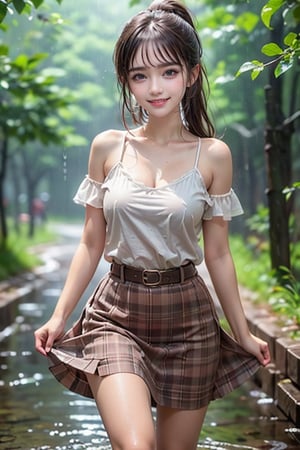 A girl, looking at the camera, smiling, thin plaid skirt, cute hairstyle, heavy rain, wet all over, dynamic pose, 32K ultra-high definition, bright colors, super detailed, ArtStation trend, perfect composition.