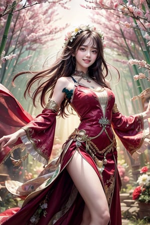 An Asian girl with flowing black hair and delicate facial features. Wearing a long flowing red dress, the hem of the skirt flies when she spins, and she lowers her head and smiles. Flowers bloom, blending into the Ghibli dream-like landscape in the distance, with bamboo and flowers intertwined. Emerald and amethyst colors dance in the foreground, casting light and light. Double exposures create depth, and splashes of color add abstraction.