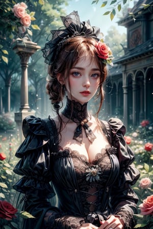 A girl with delicate features, wearing a Victorian fashion dress, looking at the camera, half-length portrait, real skin, a surreal rose garden, flowers of different colors, bright colors.,giant_flower,CrclWc