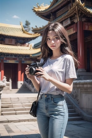 A beautiful girl with long  brown hair and brown eyes, wearing casual jeans and a white T-shirt, holding a camera, wandered around the Chinese palace, capturing the beauty and sacredness of ancient buildings.