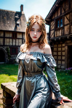 Masterpiece, 32k, high resolution, ultra-realistic, 1 girl with delicate features, wearing an off-shoulder lace dress with long blond hair, sunny day, outdoors, looking into the camera, cowboy shot, medieval fairy tale town, studio photo.Half-timbered Construction