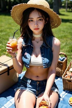 Masterpiece, hdr, high resolution, best quality, a girl wearing a straw hat, vest, midriff, denim shorts, facing the camera, cross-legged sitting, having a picnic on the grass in the park. Picnic mat, lunch box, drinks, sandwiches.