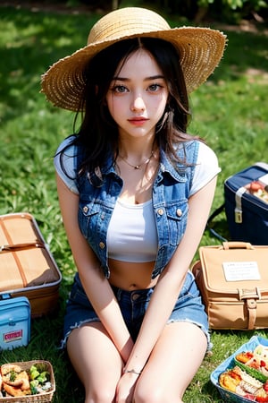 Masterpiece, hdr, high resolution, best quality, a girl wearing a straw hat, vest, midriff, denim shorts, facing the camera, cross-legged sitting, having a picnic on the grass in the park. Picnic mat, lunch box, drinks, sandwiches.