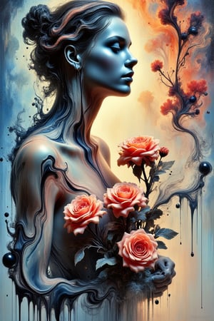 A powerful oil painting depicting a fusion of elegant and abstract shapes. The woman holds a bouquet of roses in her hands. Bright and clear blues and oranges rotate alternately, and the brushstrokes are full of movement. The contrast between light and shadow draws people's attention to her mysterious eyes.