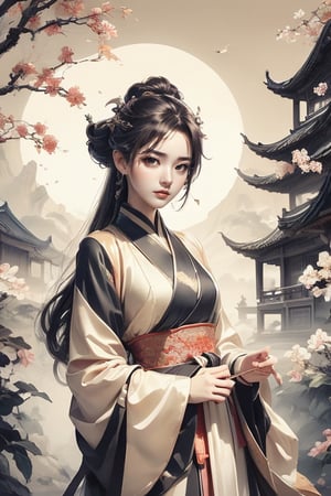 Masterpiece, HDR, UHD, Unreal Engine. Traditional art, 1 girl, wearing Hanfu, beautiful face, delicate, fair skin, looking at the camera, Chinese garden, plum tree, daytime, ethereal light, complex and delicate, gorgeous light and shadow, exquisite decoration, meticulous lines.,Colors,chinkstyle,fengjing1