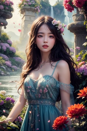 Masterpiece, best quality, super detailed, high resolution, 1girl, exquisite facial features, solo, outdoor, tulle dress, upper body, fantasy world, lush plants, colorful flowers, beautiful lake, light particles, petals scattered, splash ,float.
