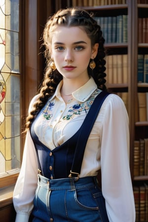 Portrait of a young Irish girl from the waist up, with long dark blue curly hair, large eyes, slim face, pointed chin, in braids and bun. Wearing a delicate embroidered silk blouse paired with a dark blue skintight denim suspender miniskirt. Wearing a large necklace and long earrings. Standing next to the bookshelves of an old library, behind a beautiful stained glass window, the golden sunlight casts a warm, ethereal glow. Masterpiece, high resolution, studio photo.,aesthetic portrait