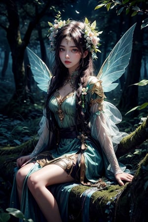 Masterpiece, detailed beautiful, close-up of dryad with transparent wings, floral skirt of leaves, sitting in a tree, looking at viewer, forest, night, highly stylized, artistry