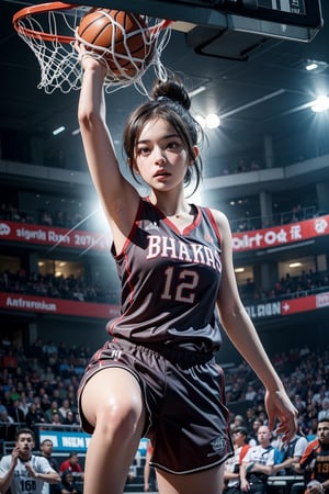 Masterpiece, high quality, HDR, detailed texture, RAW photo, 16K,  close-up of a girl, fine facial features, perfect fingers, brown ponytail, basketball team uniform, shorts, sharp focus of the girl, bright lights, blurred background, right hand slam dunk, left hand empty hand,   dynamic pose