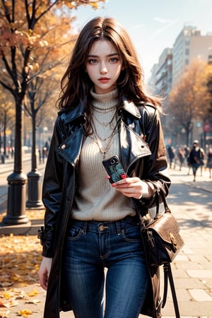 A girl with delicate features and long brown hair, solo, strode through the park wearing a strappy saddle tan leather trench coat, slim pants and a sweater, carrying a leather bag. Looking into the camera, autumn and winter season, masterpiece, studio photo, high saturation, high contrast, high resolution.
