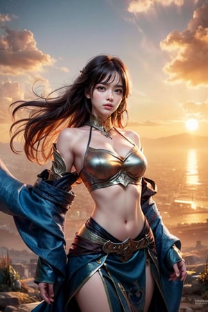 Beauty, exquisite facial features, wavy hair, sunrise sky, silk skirt, magical oriental landscape, cyberpunk, rule of thirds, perfect composition.,Fantasy detailers,Dynamic poses 