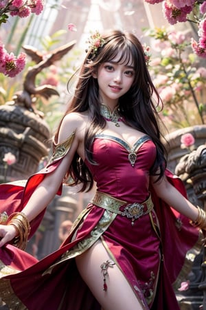 An Asian girl with flowing black hair and delicate facial features. Wearing a long flowing red dress, the hem of the skirt flies when she spins, and she lowers her head and smiles. Flowers bloom, blending into the Ghibli dream-like landscape in the distance, with bamboo and flowers intertwined. Emerald and amethyst colors dance in the foreground, casting light and light. Double exposures create depth, and splashes of color add abstraction.