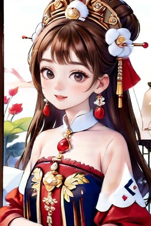 1girl, brown hair, bangs, hair accessories, gorgeous palace clothes, detailed, view from waist up, looking at the viewer, anime style, retro, masterpiece.