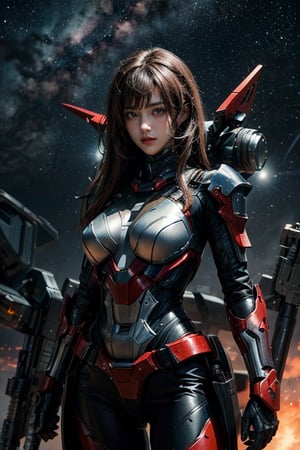 Masterpiece, best quality, super resolution, 1girl, future soldier, solo, long brown hair, delicate facial features, looking at the audience, mecha, weapons, starry sky background, concept art, perfect composition.