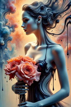 A powerful oil painting depicting a fusion of elegant and abstract shapes. The woman holds a bouquet of roses in her hands. Bright and clear blues and oranges rotate alternately, and the brushstrokes are full of movement. The contrast between light and shadow draws people's attention to her mysterious eyes.