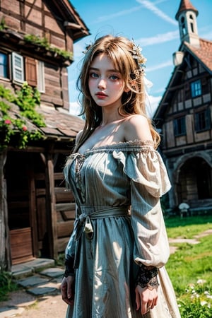 Masterpiece, 32k, high resolution, ultra-realistic, 1 girl with delicate features, wearing an off-shoulder lace dress with long blond hair, sunny day, outdoors, looking into the camera, cowboy shot, medieval fairy tale town, studio photo.Half-timbered Construction