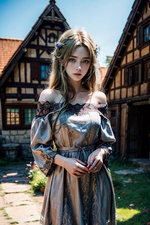 Masterpiece, 32k, high resolution, ultra-realistic, 1 girl with delicate features, wearing an off-shoulder lace dress with long blond hair, sunny day, outdoors, looking into the camera, cowboy shot, medieval fairy tale town, studio photo.Half-timbered Construction