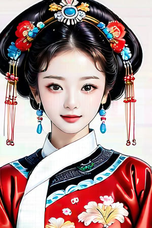 Classical beauty, 20 years old, with delicate features, thin face, big eyes, pointed chin, necklace, hair accessories, gorgeous Qing Dynasty palace costumes, looking at the camera, 3/4 view, color, pencil sketch, charcoal drawing, intricate, high resolution, High resolution, perfect proportions, perfect composition, a masterpiece.