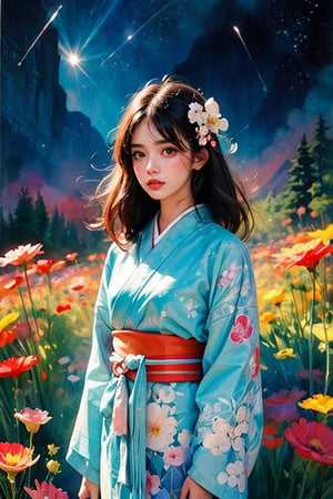 1 girl in a floral Japanese kimono, facing the viewer. Wearing Japanese traditional hair accessories, standing, night, shooting stars, flowers. Using brushstrokes, negative space, impressionism and abstract elements, combined with watercolor pencil painting techniques, it presents a fusion of traditional Japanese aesthetics and modern abstract art.watercolor,Flat color cartoon