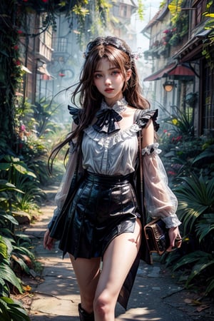masterpiece, high image quality, high resolution, ultra-realistic, a girl with exquisite facial features, wearing a short skirt, walked into a small town that was like a fairyland on earth.,Add more details