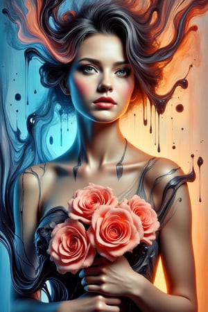 A powerful oil painting depicting a fusion of elegant and abstract shapes. The woman holds a bouquet of roses in her hands. Bright and clear blues and oranges rotate alternately, and the brushstrokes are full of movement. The contrast between light and shadow draws people's attention to her mysterious eyes.