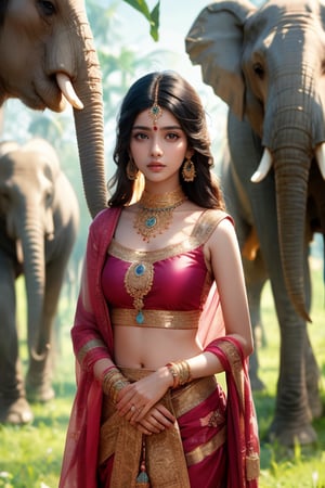An Indian girl with delicate features, dressed in traditional Indian clothes, looks at the camera, standing on the savannah, behind her, far away, baby elephants are grazing quietly, girl sharp focus, masterpiece, high quality, high resolution Degrees, rule of thirds, bokeh, perfect composition.