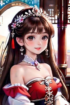 1girl, brown hair, bangs, hair accessories, gorgeous palace clothes, detailed, view from waist up, looking at the viewer, anime style, retro, masterpiece.