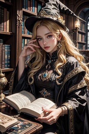Close-up of a blonde witch reading a magic book in a magical library with complex arcane designs and a mysterious atmosphere.