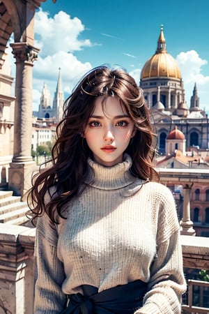 Masterpiece, best quality, high resolution, 8K, a girl with delicate features, long brown hair, azure eyes, wearing a turtleneck, waist-up view, looking into the camera, sharp focus, St. Peter's Basilica in the background, gorgeous Architecture, epic skies.
