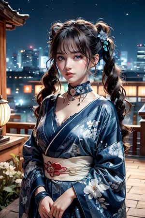 Masterpiece, best quality, super detailed, a cute girl, brown hair, twin tails, beautiful face, big indigo eyes, collarbone, collar, looking at the viewer, blue kimono, floral print, long sleeves, scenery of the summer festival ,night, rooftop, concept art, dark theme